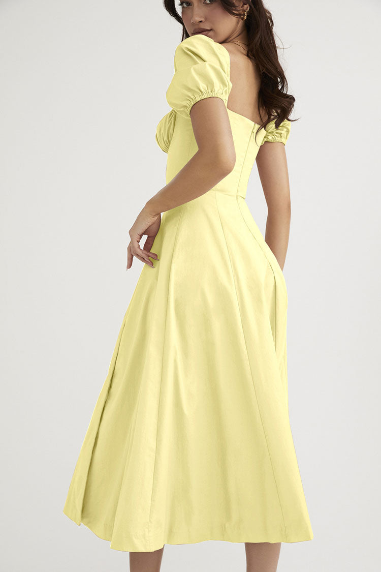 Off Shoulder Tie Front Puff Sleeve High Slit Midi Dress