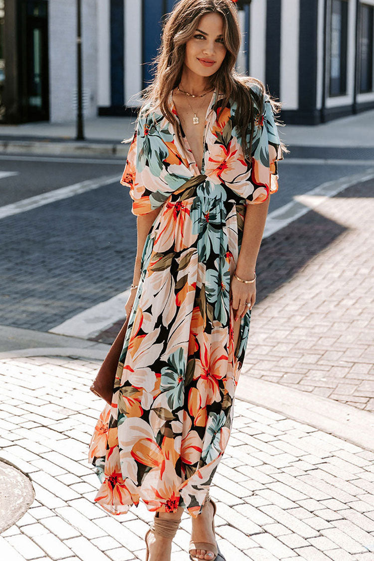 Floral Print Plunging V-Neck Kimono Sleeve Flowy Maxi Dress