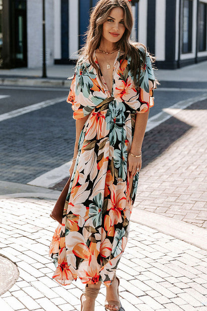 Floral Print Plunging V-Neck Kimono Sleeve Flowy Maxi Dress