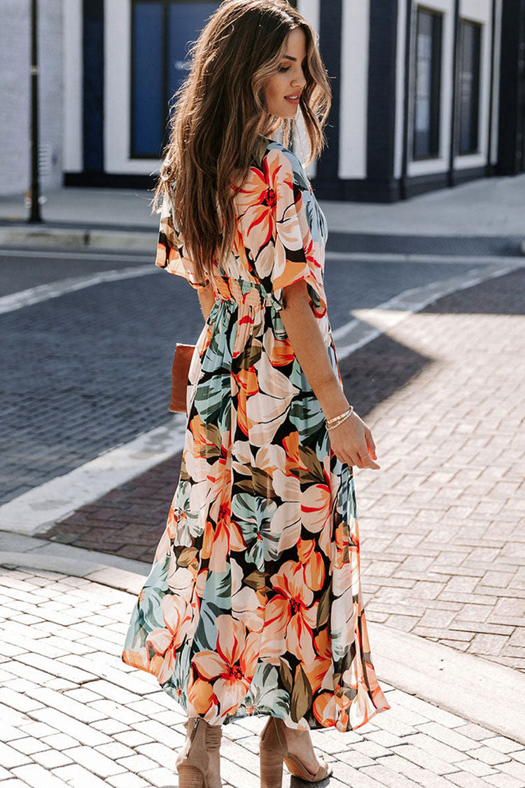Floral Print Plunging V-Neck Kimono Sleeve Flowy Maxi Dress