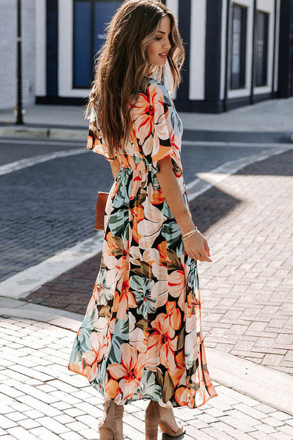Floral Print Plunging V-Neck Kimono Sleeve Flowy Maxi Dress