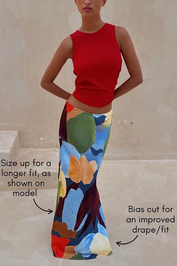 Bright and Bold Satin Abstract Color Blocks Print Elastic Waist Drape Maxi Skirt