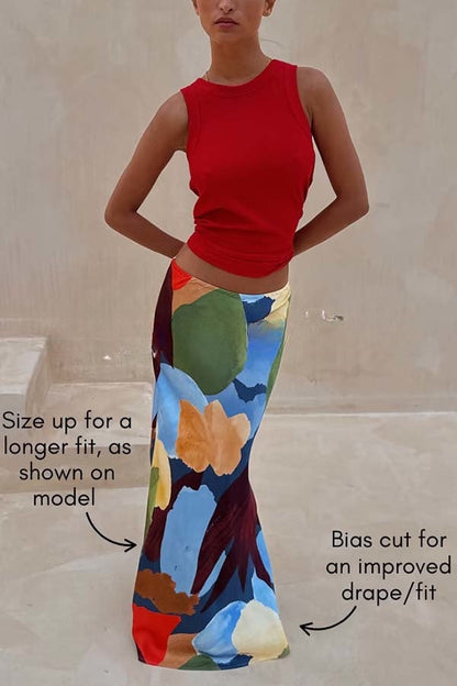 Bright and Bold Satin Abstract Color Blocks Print Elastic Waist Drape Maxi Skirt