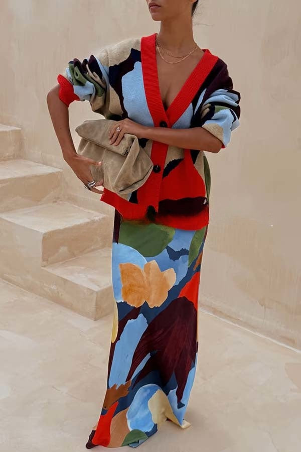 Bright and Bold Satin Abstract Color Blocks Print Elastic Waist Drape Maxi Skirt
