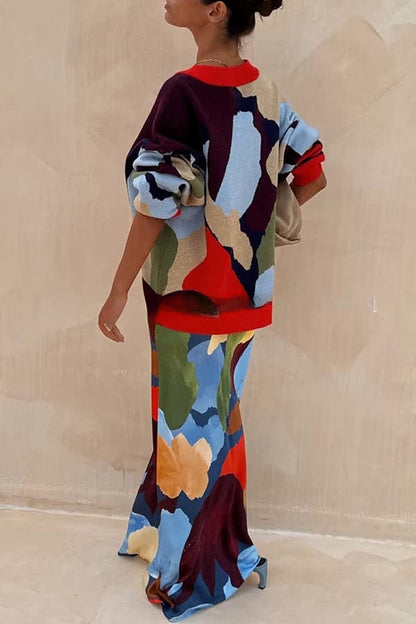Bright and Bold Satin Abstract Color Blocks Print Elastic Waist Drape Maxi Skirt