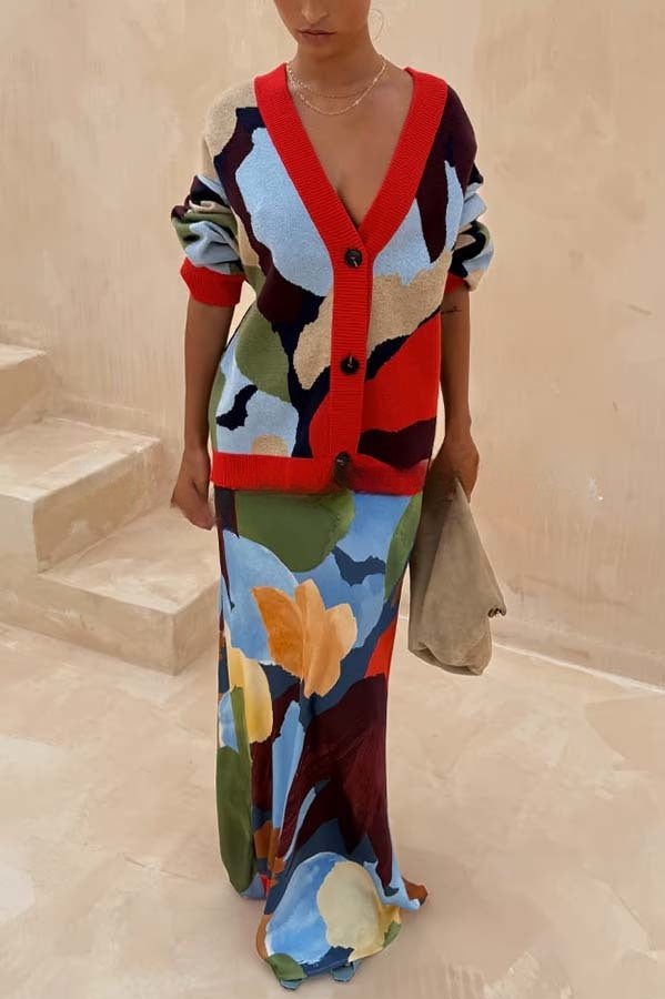 Bright and Bold Satin Abstract Color Blocks Print Elastic Waist Drape Maxi Skirt