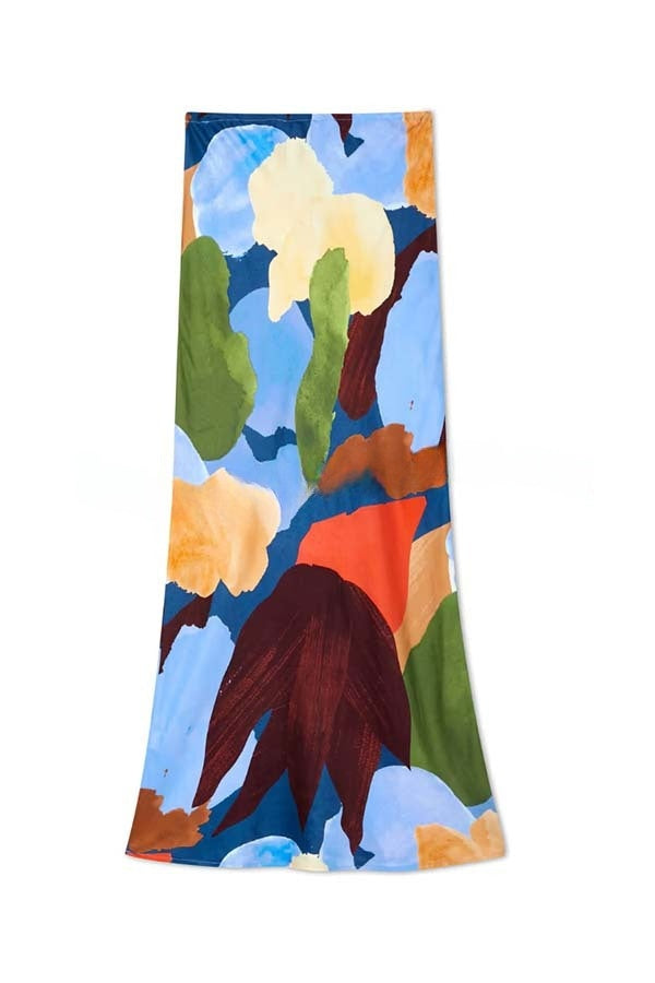 Bright and Bold Satin Abstract Color Blocks Print Elastic Waist Drape Maxi Skirt