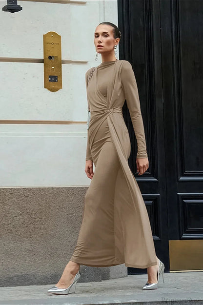 Brown Knit Round Neck Bodycon Maxi Dress