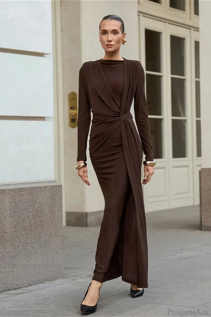 Brown Knit Round Neck Bodycon Maxi Dress