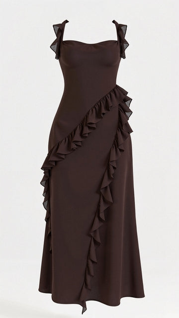 Square Neck Ruffle Strap Faux Wrap Asymmetrical Hem Midi Dress