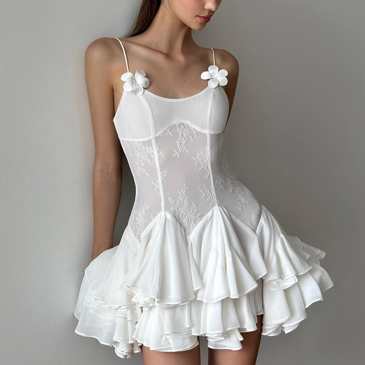 Square Neck Floral Applique Mini Dress