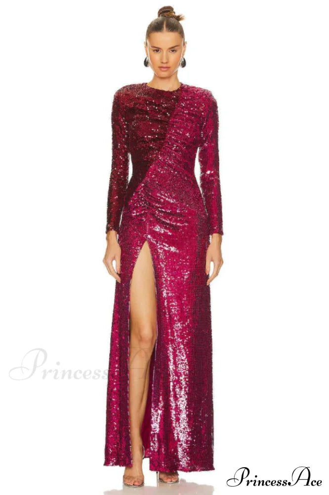Burgundy Ruched Stylish Sequined Maxi Dress