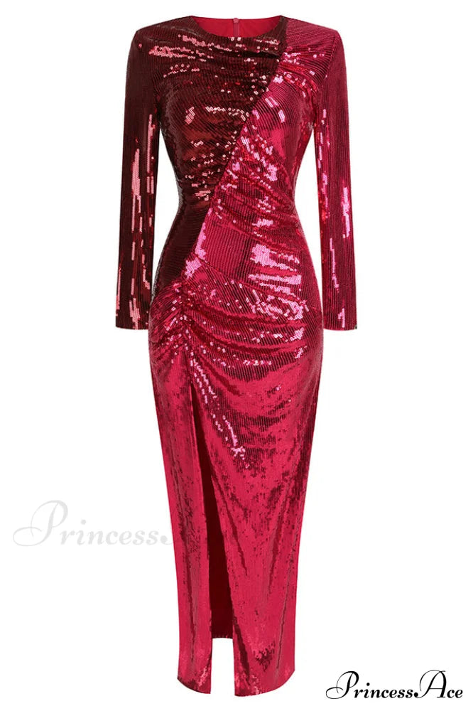 Burgundy Ruched Stylish Sequined Maxi Dress