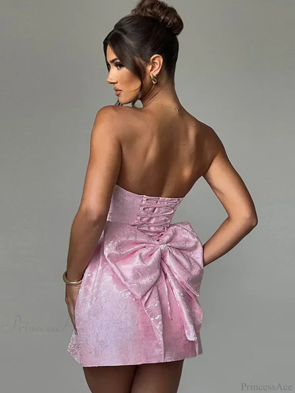 Jacquard Floral Strapless Bow Back A-Line Mini Dress