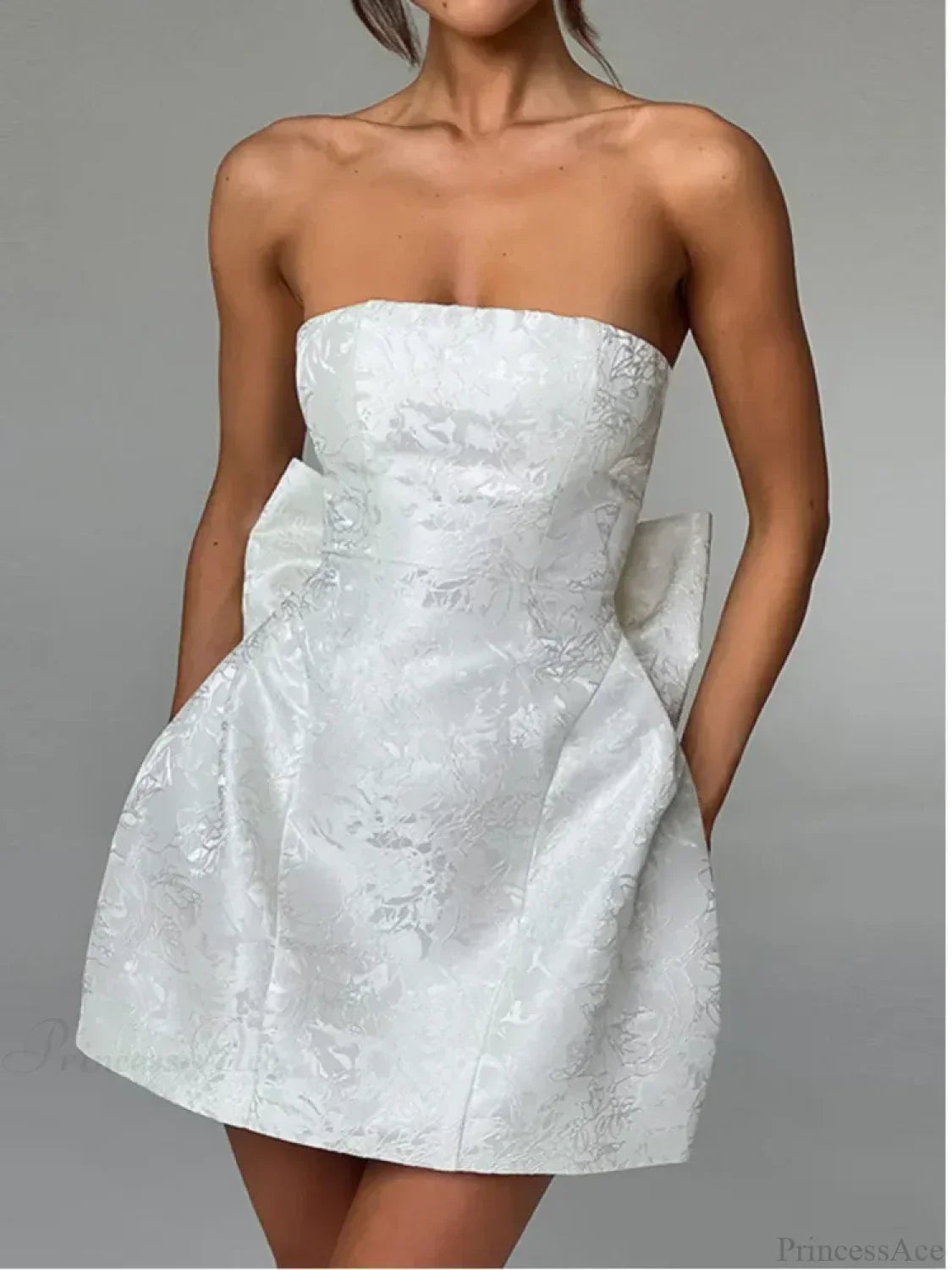 Jacquard Floral Strapless Bow Back A-Line Mini Dress