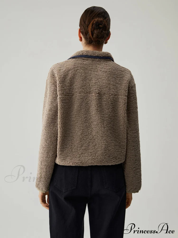 Button Down Collar Trendy Contrast Trim Sherpa Sweater