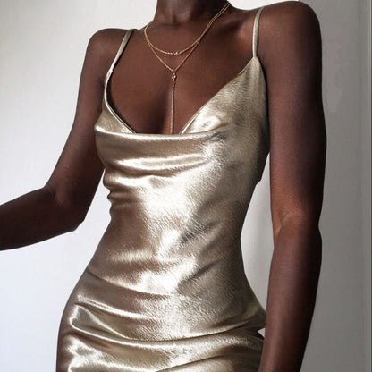 Metallic Hammered Cowl Neck Spaghetti Strap Slip Midi Dress