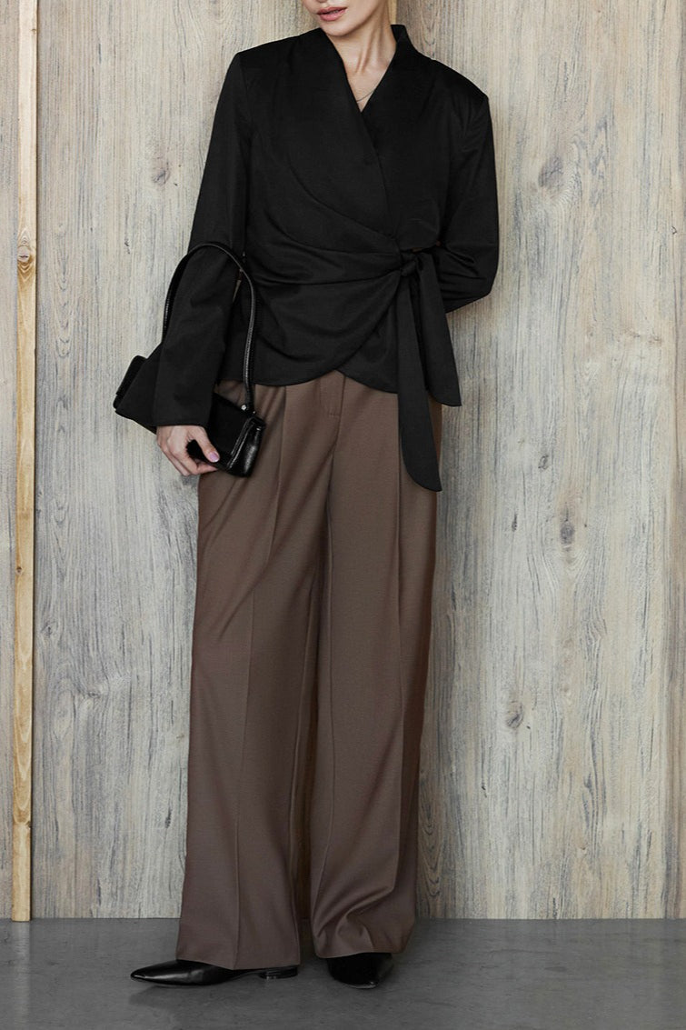 V Neck Asymmetric Tie Blouse