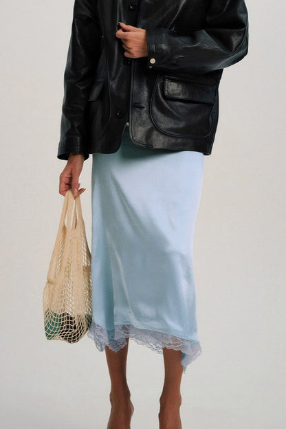 Asymmetric Lace-Trim Midi Skirt