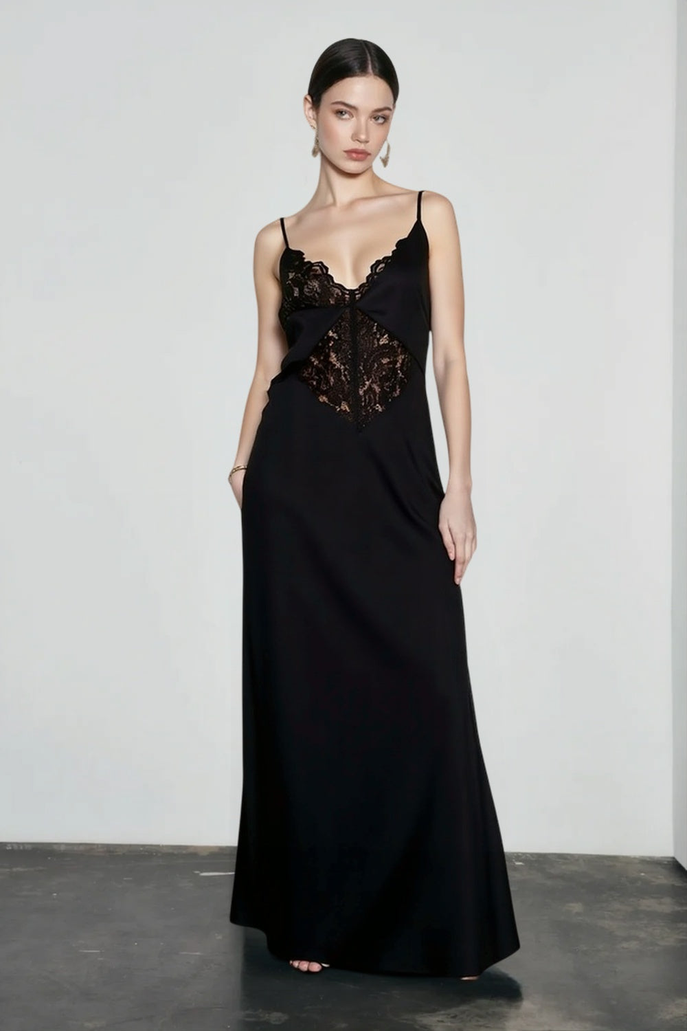 Deep V Neck Lace Insert Panel Spaghetti Strap Slip Maxi Dress