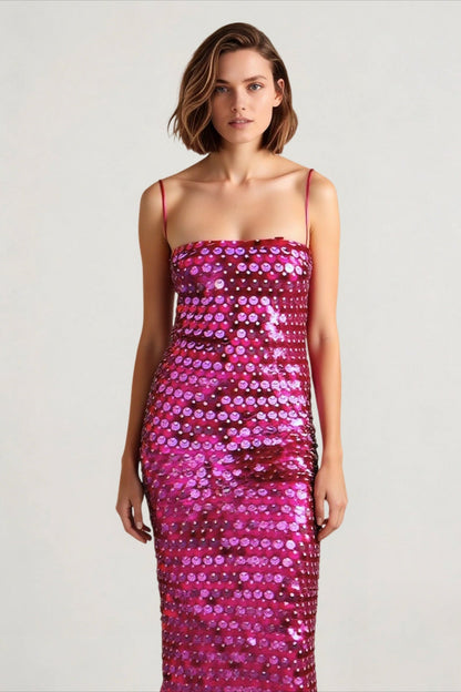 Square Neck Disc Sequin Spaghetti Strap Bodycon Midi Dress