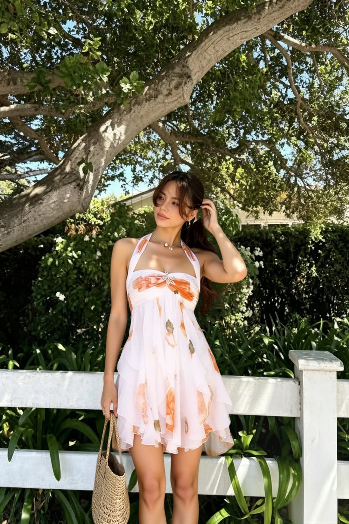 Halter Empire Waist Tiered Ruffle Floral Mini Dress