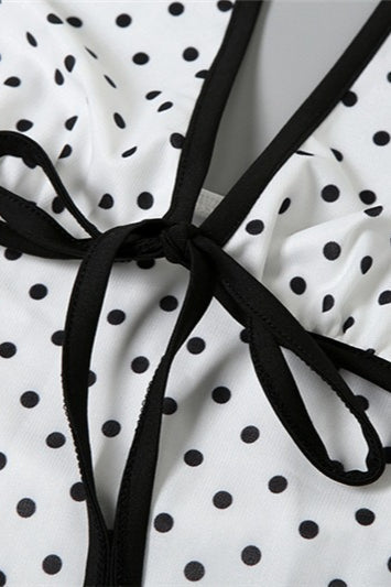 Polka Dot Halter Neck Deep V-Neck Bow Tie Sheer Overlay Maxi Dress