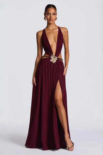 Plunging V Neck Halter Cut Out Waist Buckle High Slit Maxi Dress