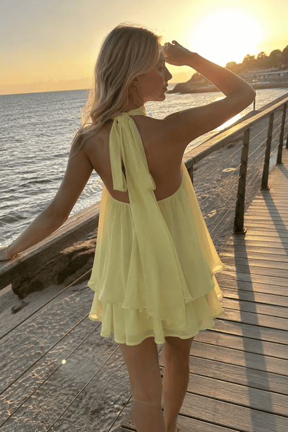 Sexy Backless Halter Tie Waist Slim Fit Ruffled Mini Dress