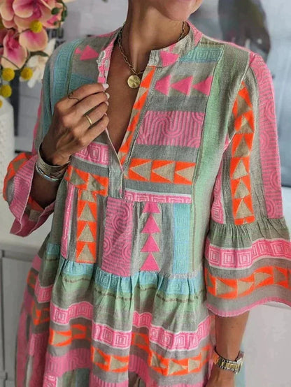 Mandarin Collar Tiered Bell Sleeve Geometric Print Mini Dress