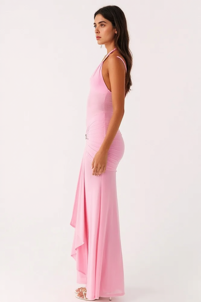 Hardware Halter Plunging V Buckle Accent Bodycon Maxi Dress