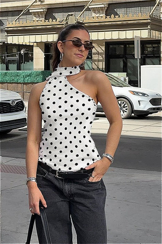 Polka Dot Halter Backless Tie Shoulder Crop Top