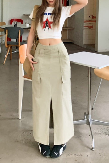 American Utility Denim Slit Midi Skirt