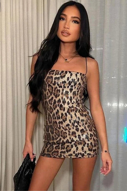 Print Sequin Spaghetti Strap Square Neck Bodycon Mini Dress