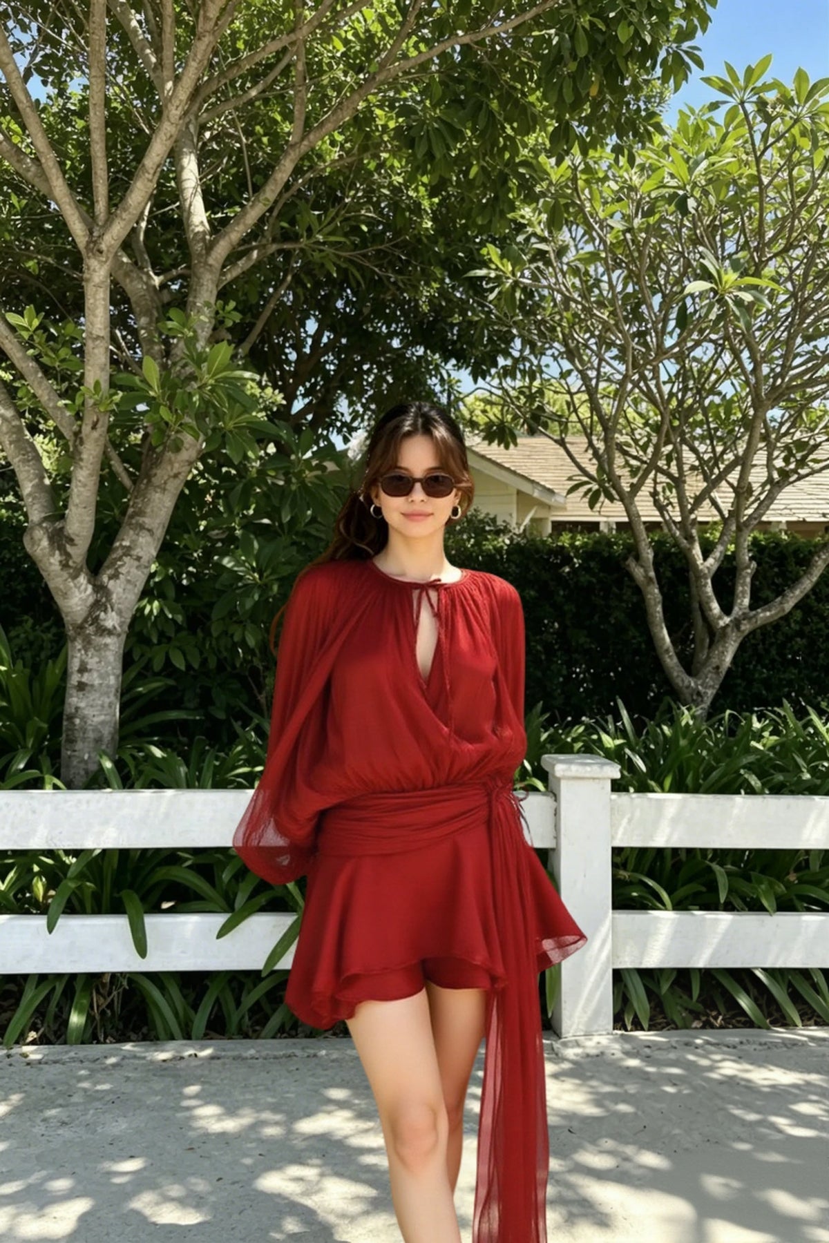 Crinkle Shimmer Tie Front Balloon Sleeve Mini Dress