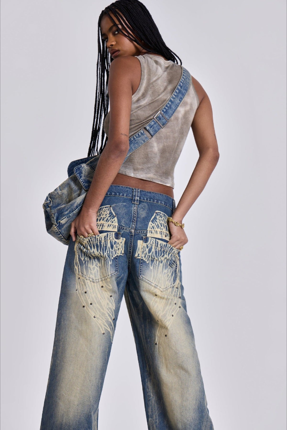 Vintage Faded Wing Print Baggy Jeans
