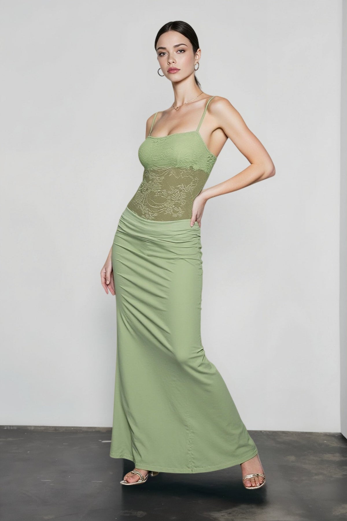 Lace Cami Spaghetti Strap Draped Waist Midi Dress