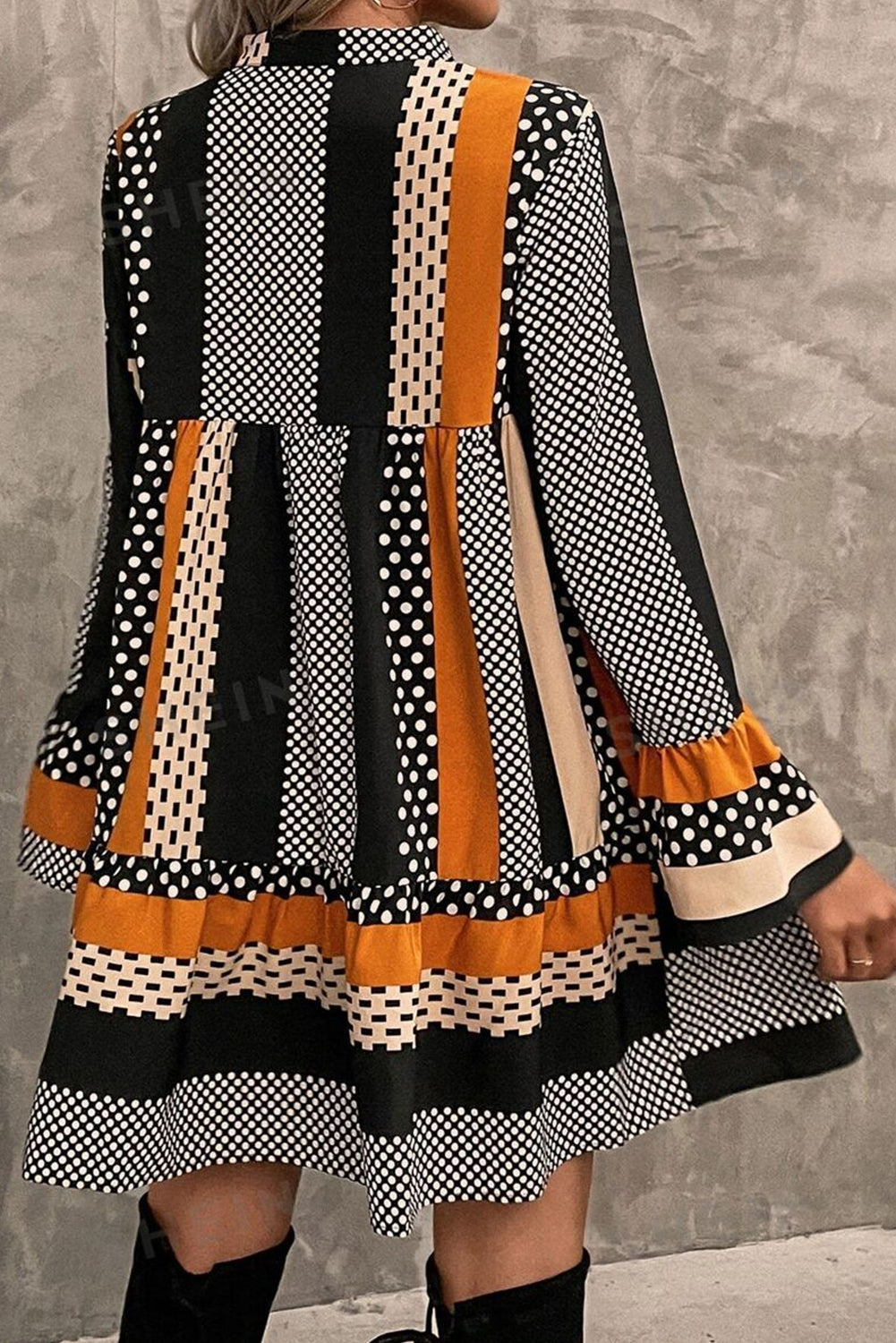 Patchwork Polka Dot Striped Bell Sleeve Tiered Mini Dress