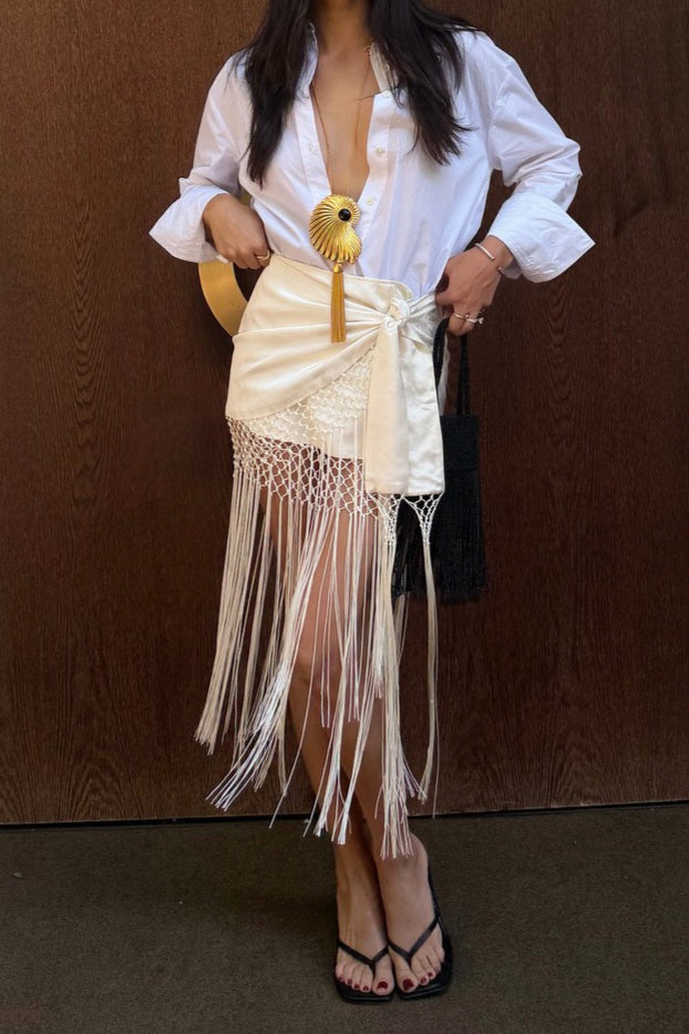 Tied Fringe Mesh Wrap Skirt