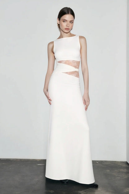 Boat Neck Criss Cross Lace Waist Cutout Column Maxi Gown