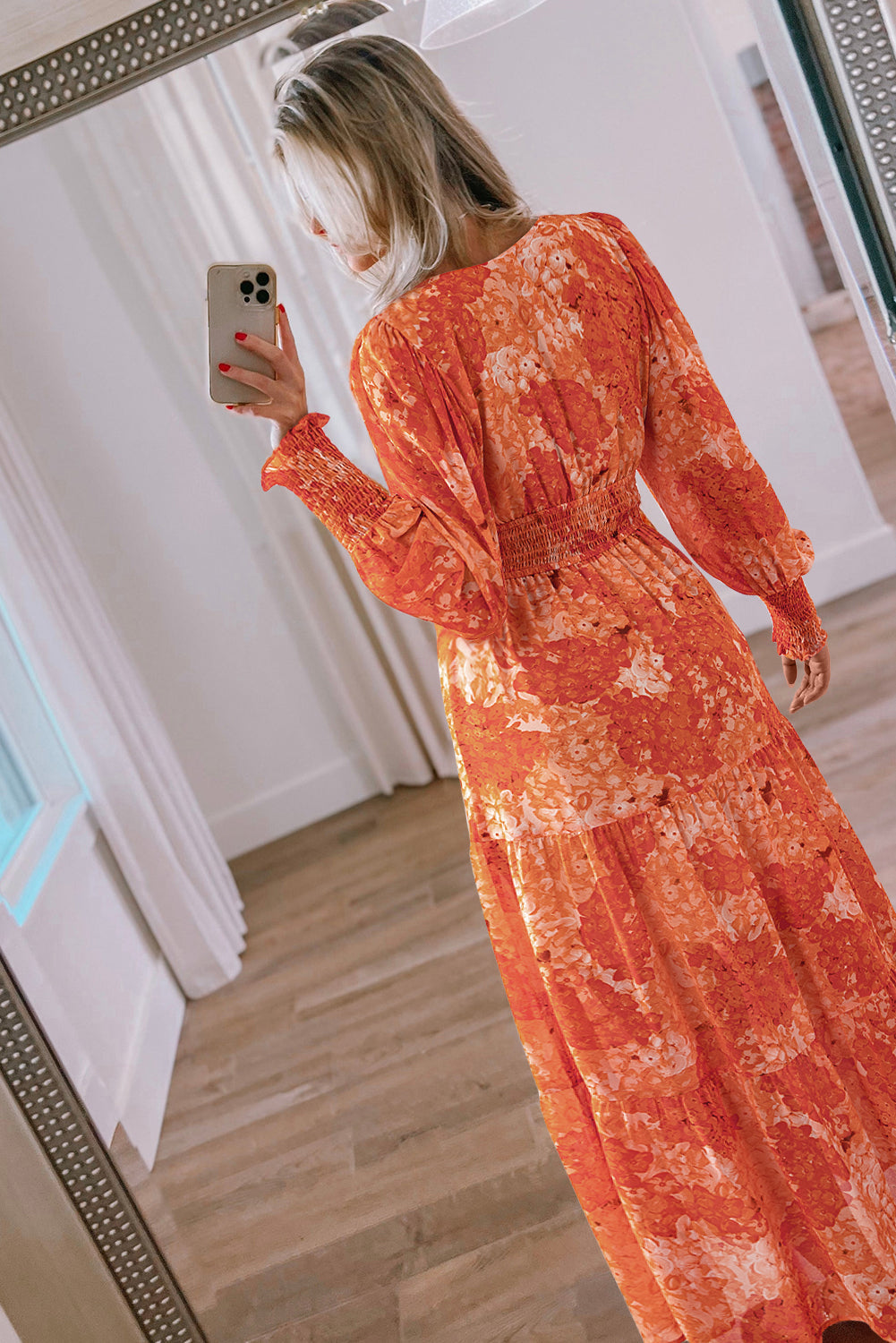Floral Print Smocked Waist V-Neck Bishop Sleeve Tiered Maxi Dress
