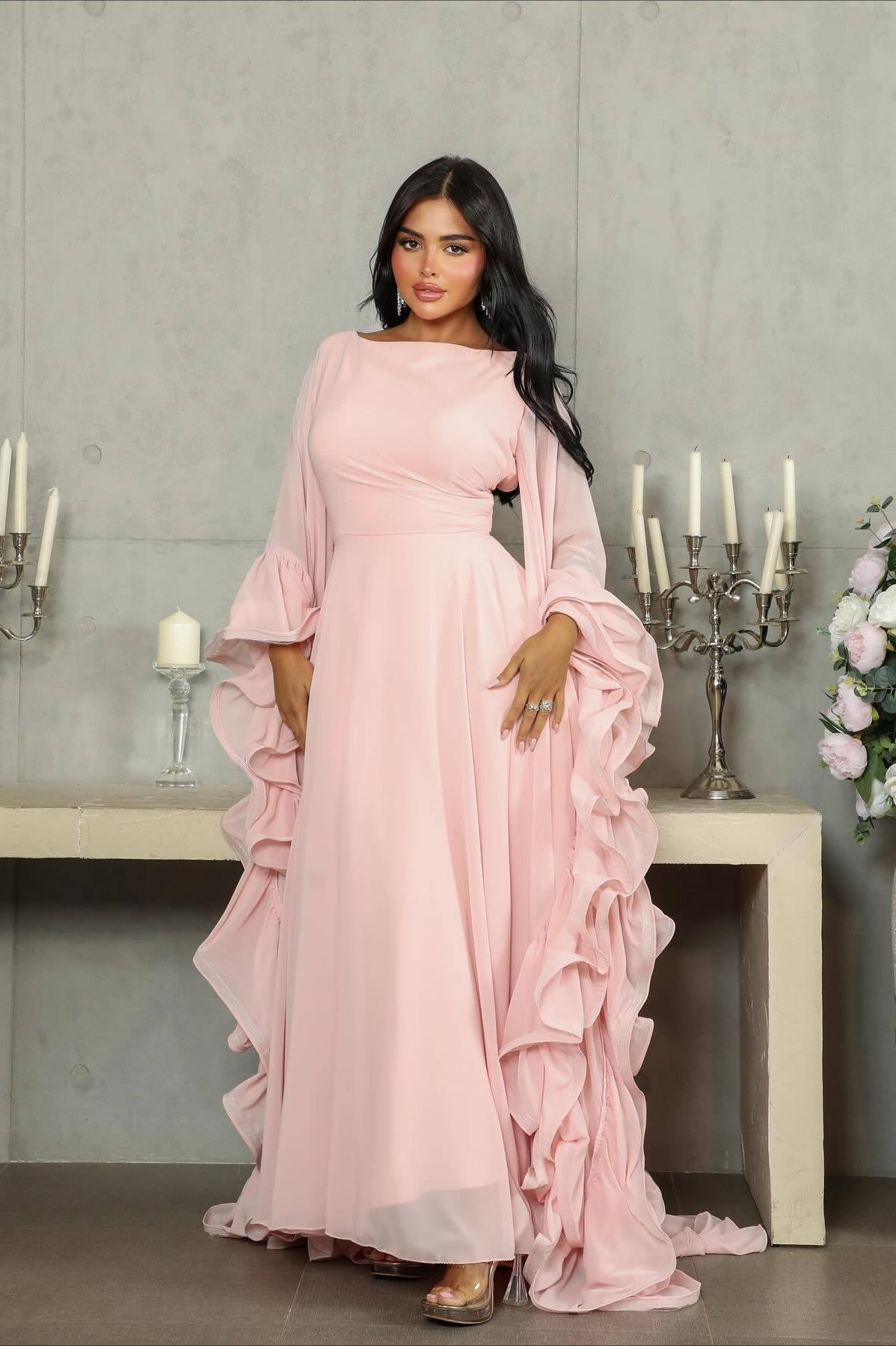 Ruffle Flared Sleeve Tulle Puff Tiered Maxi Dress
