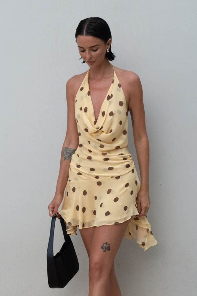 Yellow Halter Cowl Neck Ruched Lettuce Hem Polka Dot Mini Dress