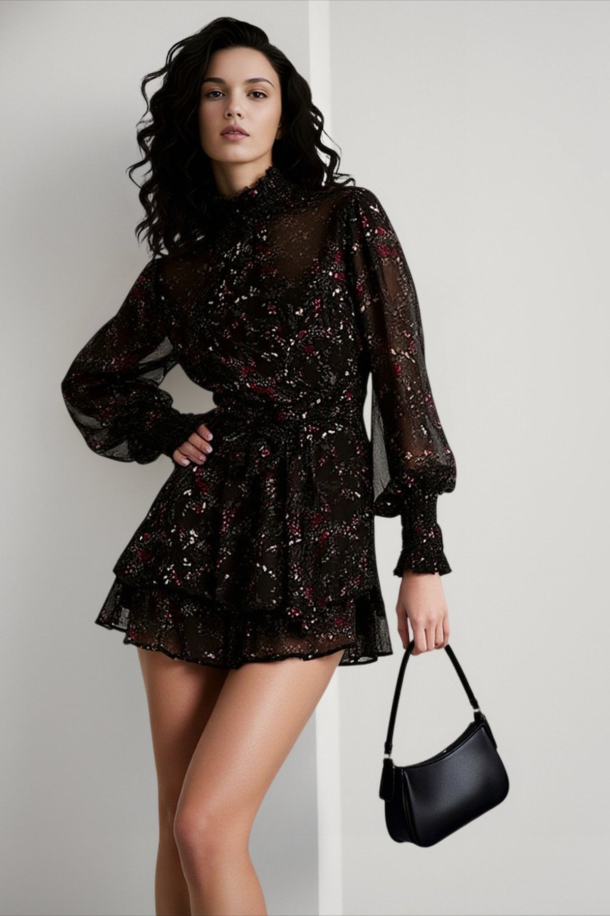 Smocked Mock Neck Blouson Sleeve Tie Waist Tiered Ruffle Mini Dress