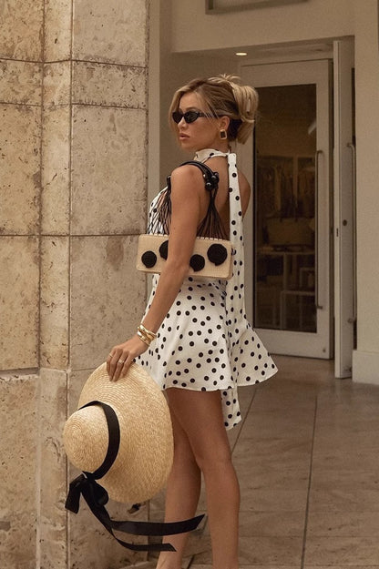 White Halter Backless Tie Side Polka Dot Mini Dress