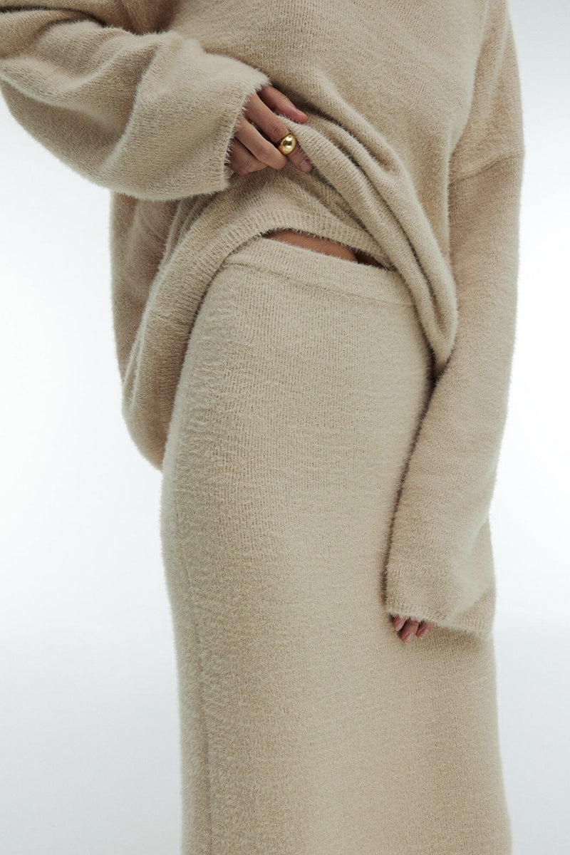 Loose Fuzzy Knit Sweater Maxi Skirt Set