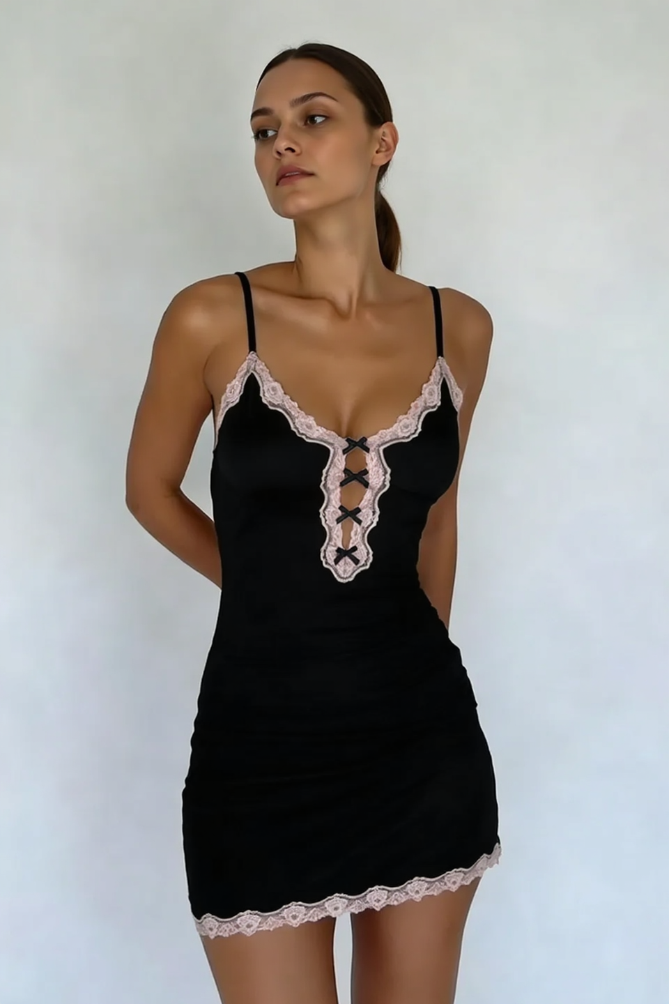 Spaghetti Strap Lace Trim Criss-Cross Tie Keyhole Bodycon Mini Dress