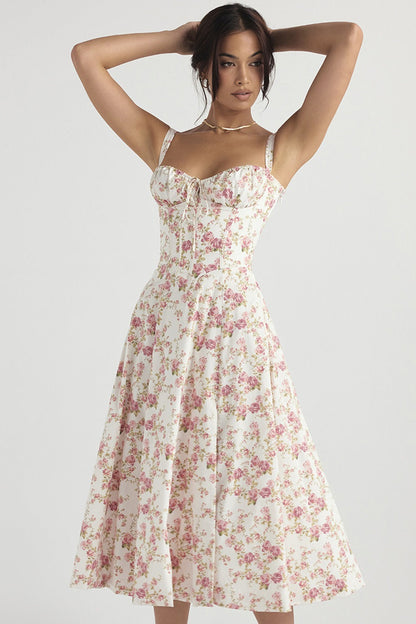 Wide Strap Sweetheart Ruched Bust Toile Floral Print A-Line Midi Dress