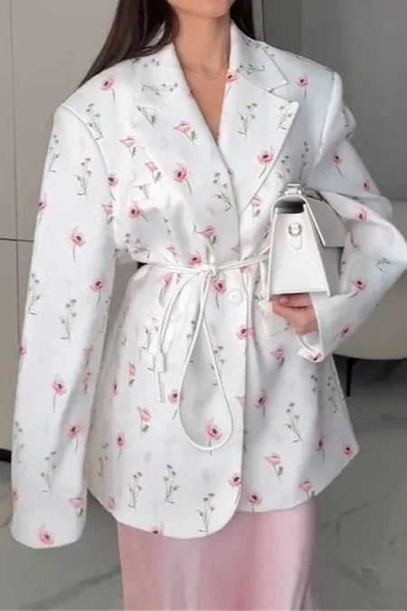 Printed Belted Loose Fit Blazer