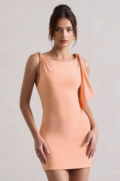 Boat Neck Knot Shoulder Drape Panel Bodycon Mini Dress